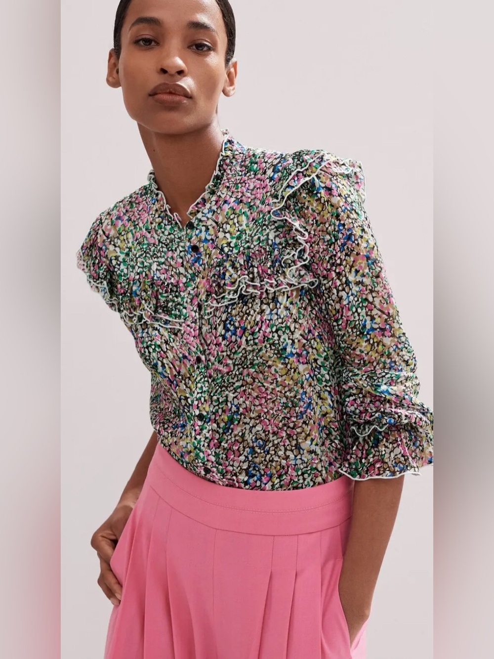 ME+EM Devore Confetti Silk Blend Floral Ruffle Mock Neck Statement Blouse US 2